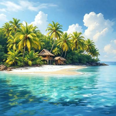 The primary subject of the image is a tropical island with a sandy beach and palm trees. The setting is a beautiful blue ocean, and the visual style is a painting or drawing. The colors and mood of the image are vibrant and serene, with the blue ocean and green palm trees creating a peaceful and inviting atmosphere.